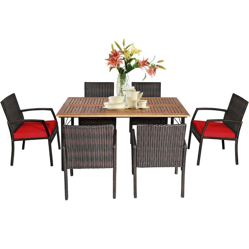 7 Pcs Rattan Patio Dining Set with Umbrella Hole, Acacia Wood Tabletop, Cushioned Chairs