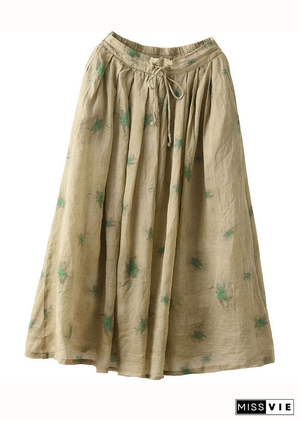 Green Print Patchwork Linen Skirt Wrinkled Tie Waist Summer