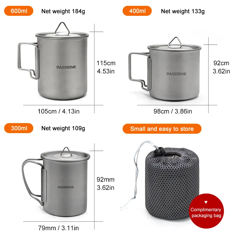 PACOONE 300ML 400ML 600ML Titanium Cup Camping hiking ultralight Mug Foldable Handle Titanium Pot with Lid   Mesh Bag