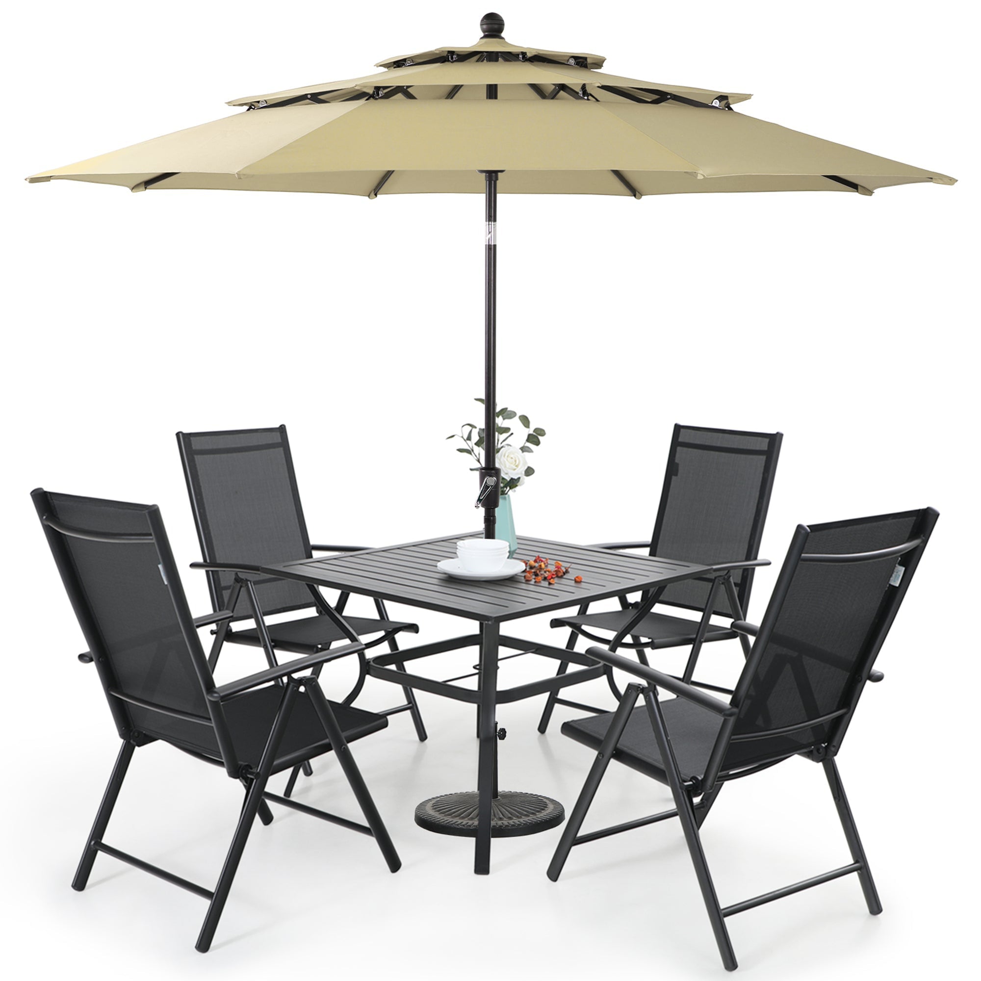 MF Studio 6-Piece Aluminum Outdoor Patio Dining Set with 10 FT 3-Tier Umbrella, 4 PCS 7-Level Adjustable Folding Sling Chairs& Square Dining Table, Black& Beige