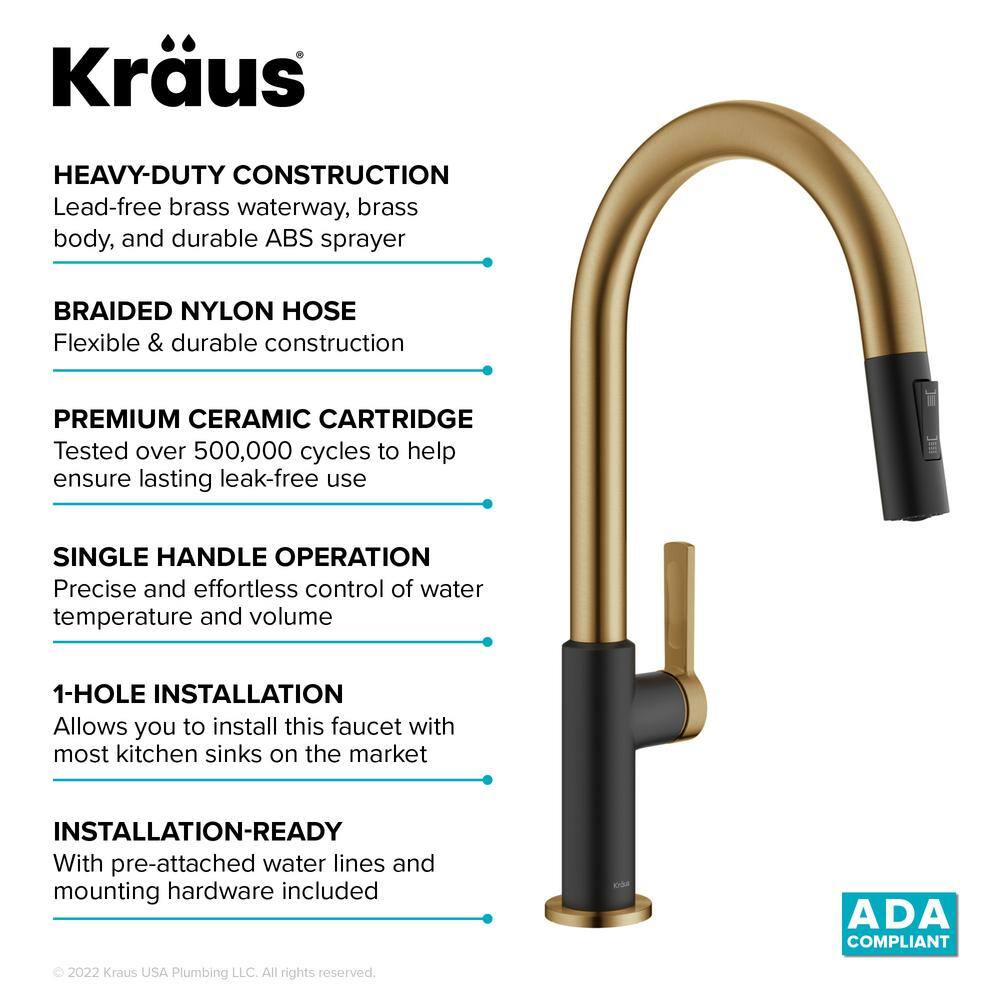 KRAUS Oletto Single Handle Pull-Down Kitchen Faucet in Brushed BrassMatte Black KPF-2820BBMB