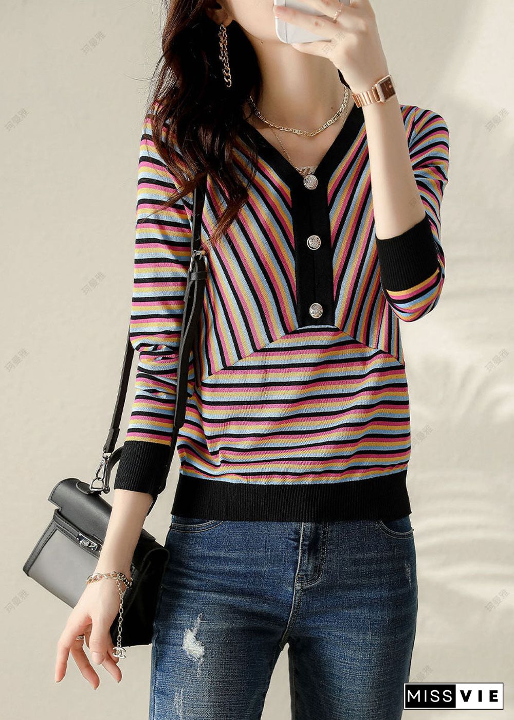 Plus Size V Neck Striped Patchwork Shirt Spring