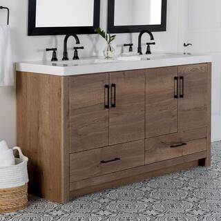 Home Decorators Collection Radien 60.5 in. W x 18.75 in. D x 34.14 in. H Bath Vanity in Halifax Oak with White Cultured Marble Top RN60P2-HO