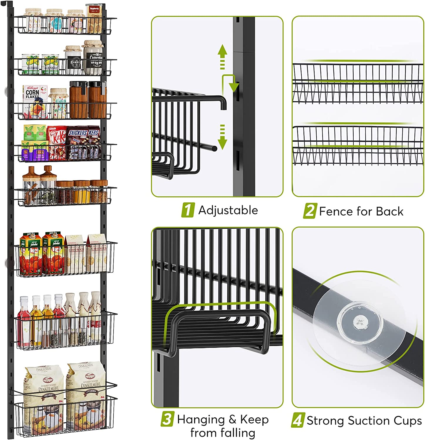 Over the Door Pantry Organizer， 8-Tier Pantry Door Organizer with Adjustable Baskets for Kitchen Pantry