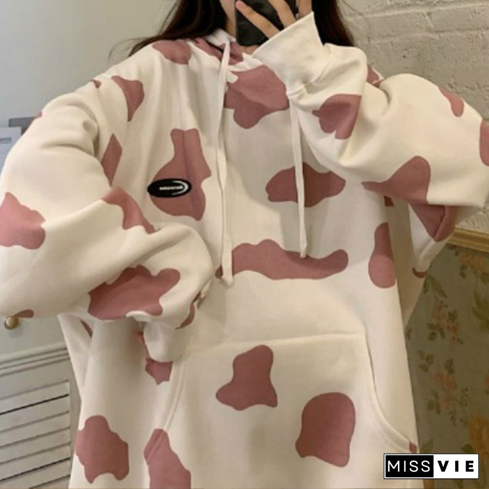 Women Hooded Pullover Cow Printed Hoodies Sweatshirt Cute Casual Loose Blouse Sweater Tops