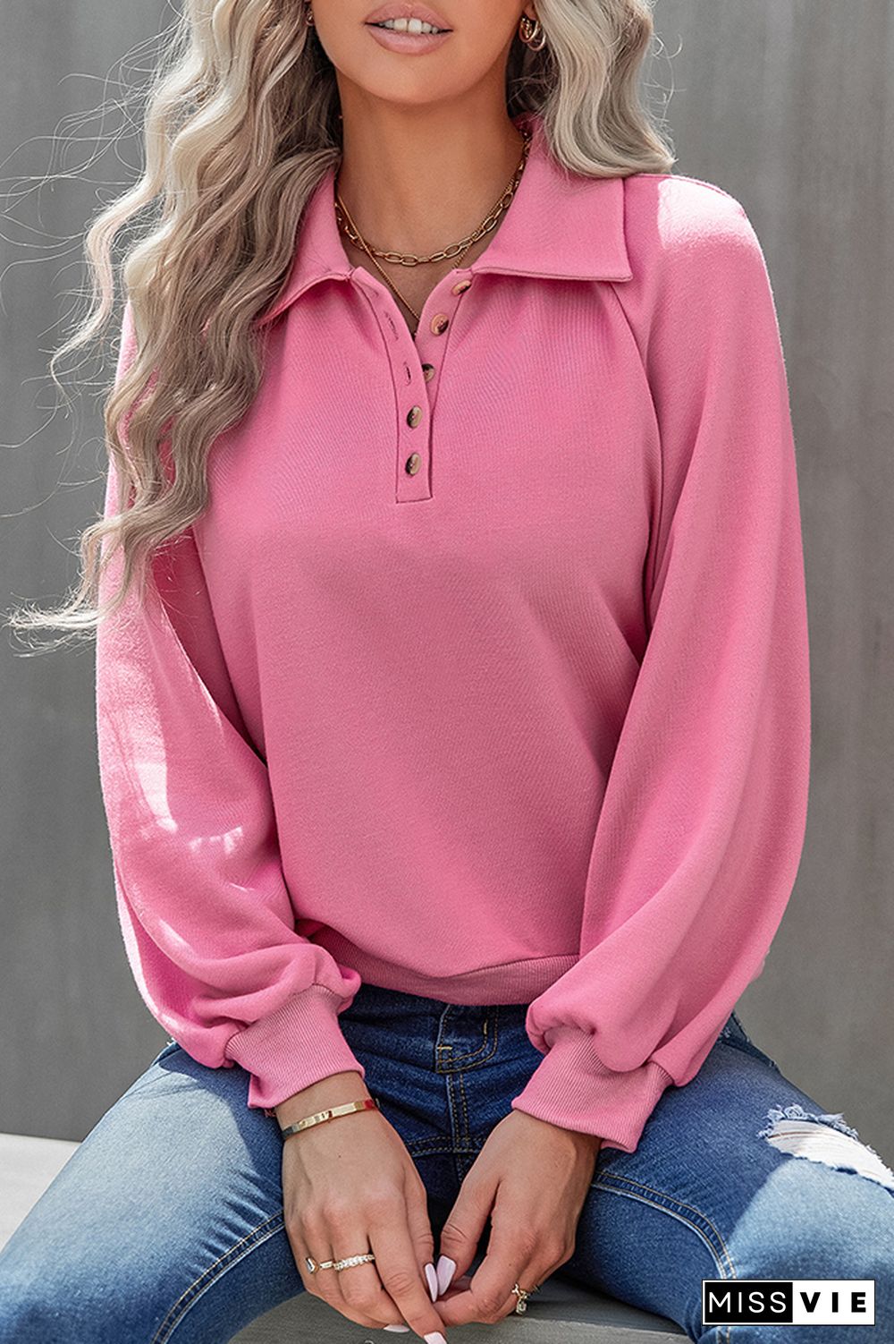 Turn-Down Collar Button Plain Sweatshirt Wholesale