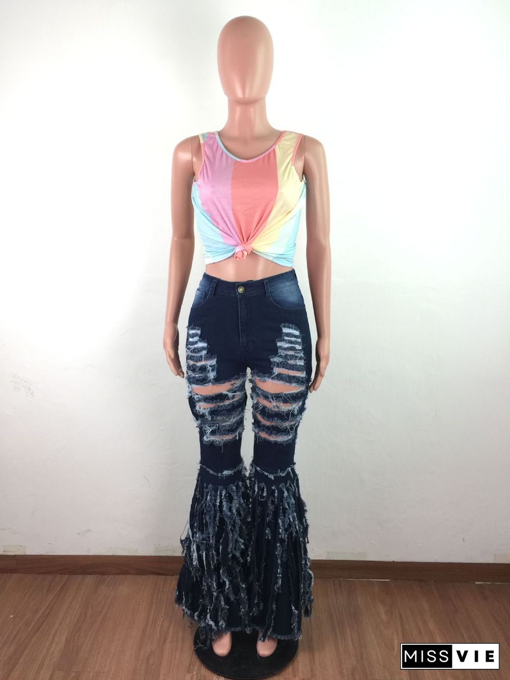 Fringed Hand-worn Flared Middle Waist Denim Pants