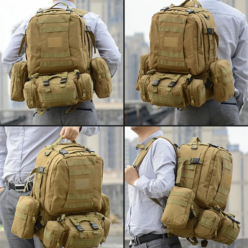 Large Capacity 55L Outdoor Camping Hiking Tactical Bag Waterproof Detachable Combination Outdoor Tactical Backpack