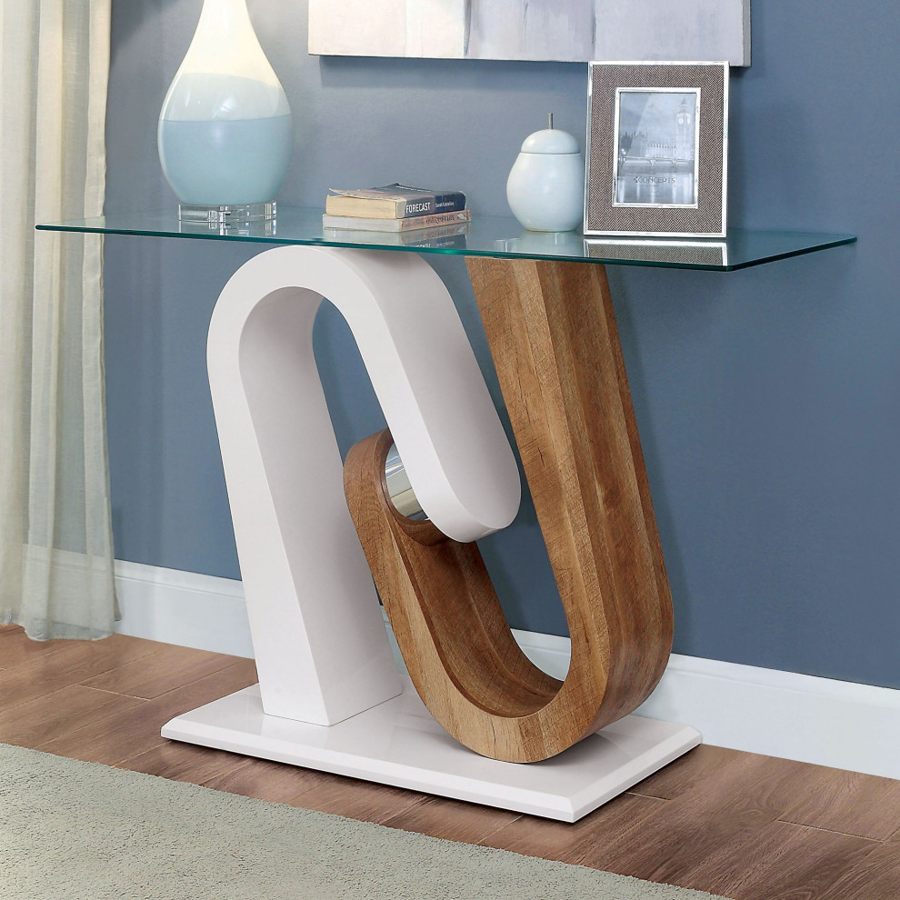 Contemporary Console Table  Open Geometric White  ampNatural Base With Glass Top   Contemporary   Console Tables   by Decor Love  Houzz