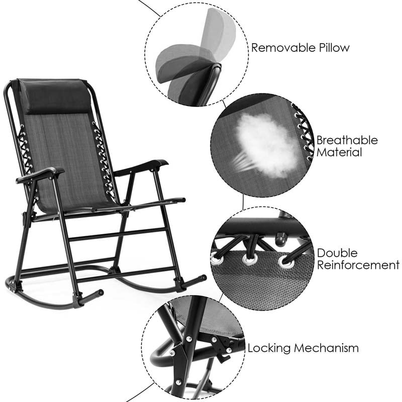 Patio Folding Zero Gravity Rocking Chair Outdoor Beach Camping Chair with Pillow & Armrests