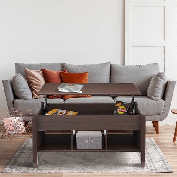 Modern Lift Top Coffee Table with Inner Storage Space and Open Wooden Storage， Center Table with Solid Pine Wood Legs