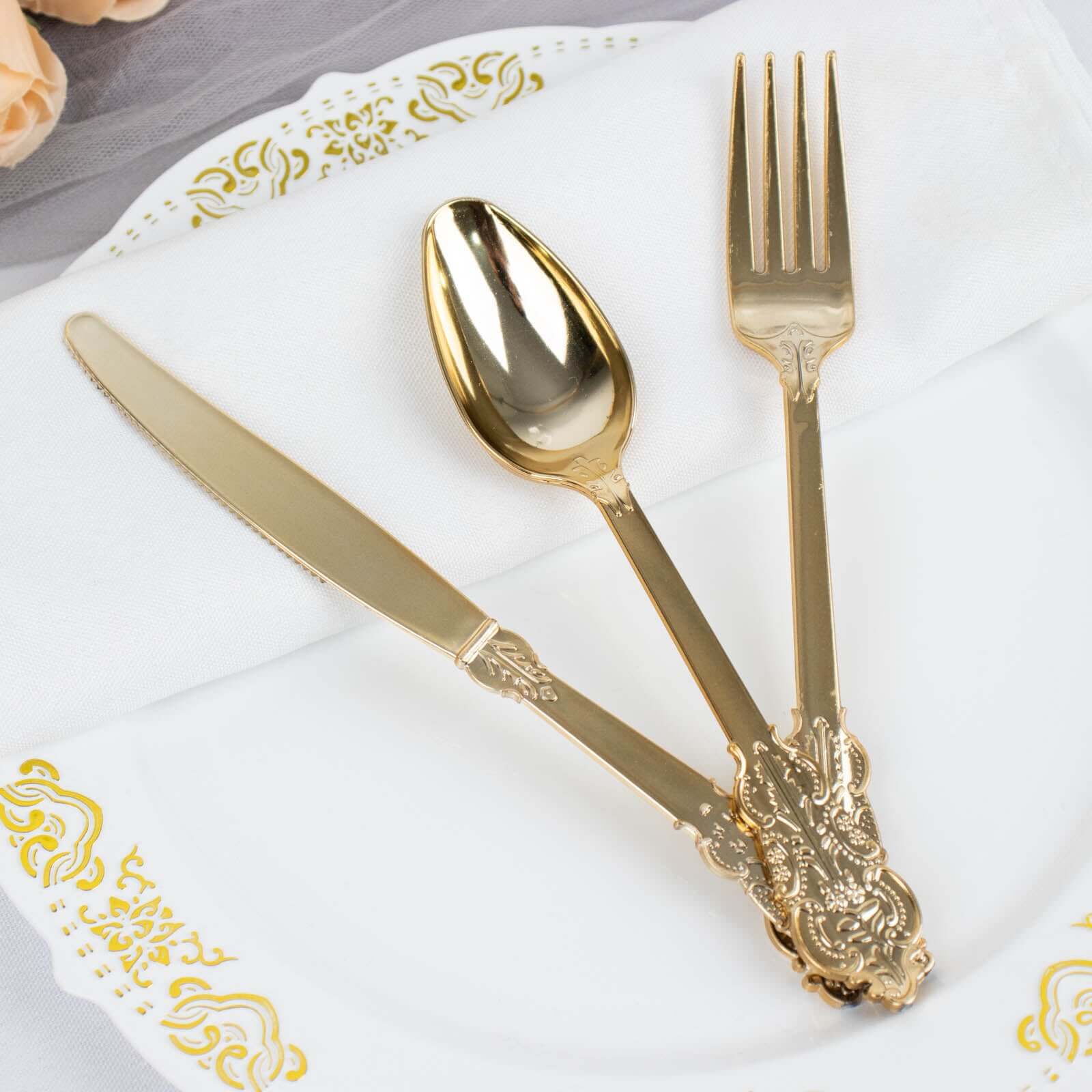 24 Pack Metallic Gold Baroque Style Heavy Duty Plastic Silverware Set