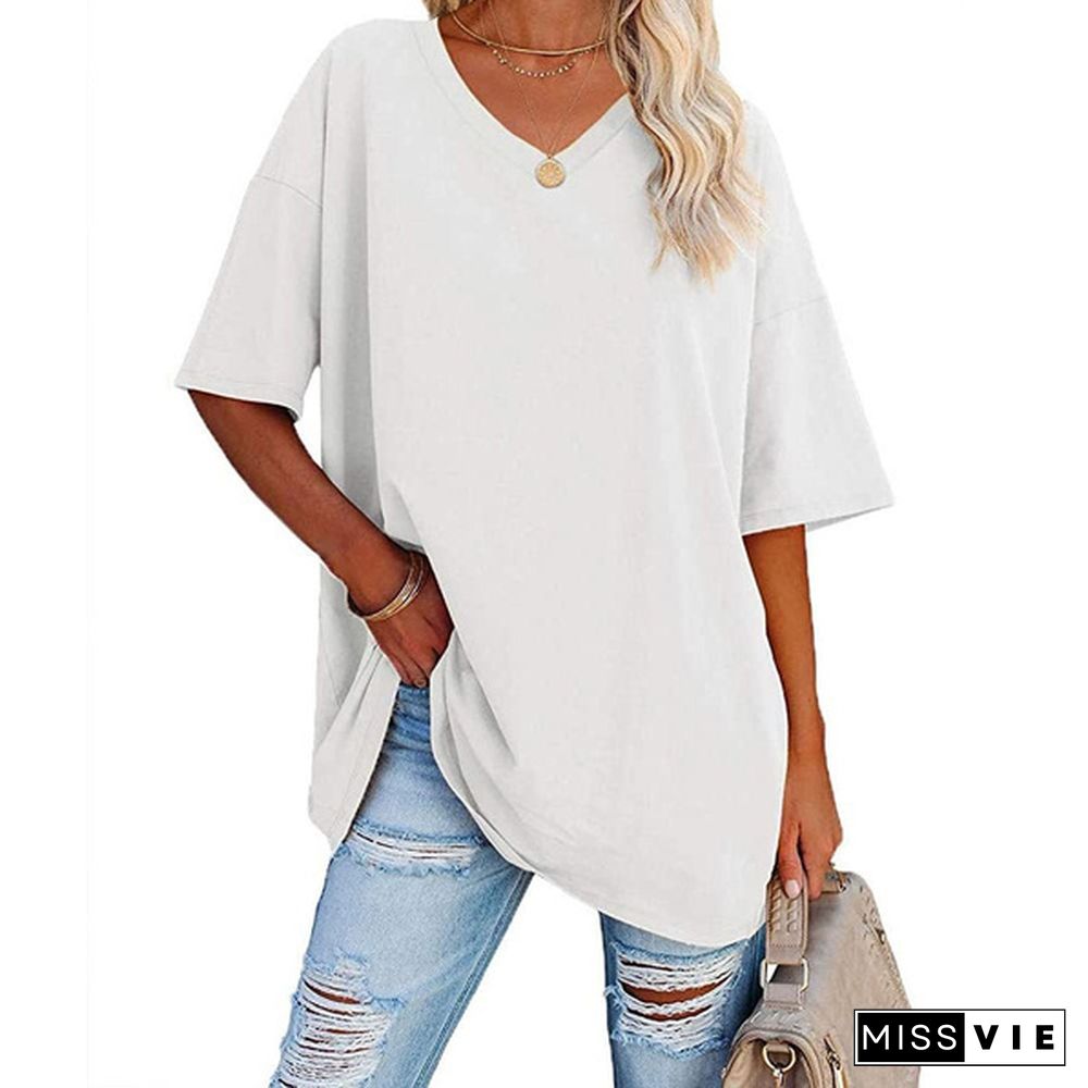 XS-8XL Spring Summer Tops Plus Size Fashion Clothes Women's Casual Short Sleeve Tee Shirts Ladies O-neck Blouses Solid Color Oversized Pullover Tops Half Sleeve Loose T-shirt Beach Wear Cotton T-shirt