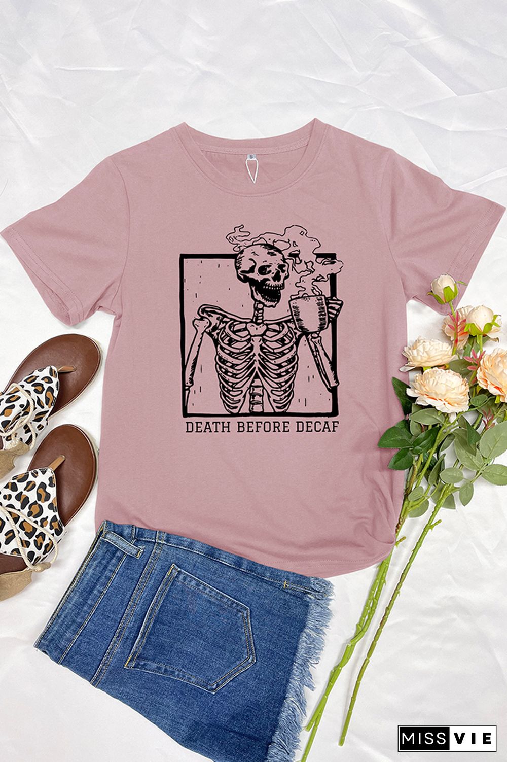 Skeleton Death Before Decaf Skeleton Drink Coffee Graphic T-Shirt Wholesale