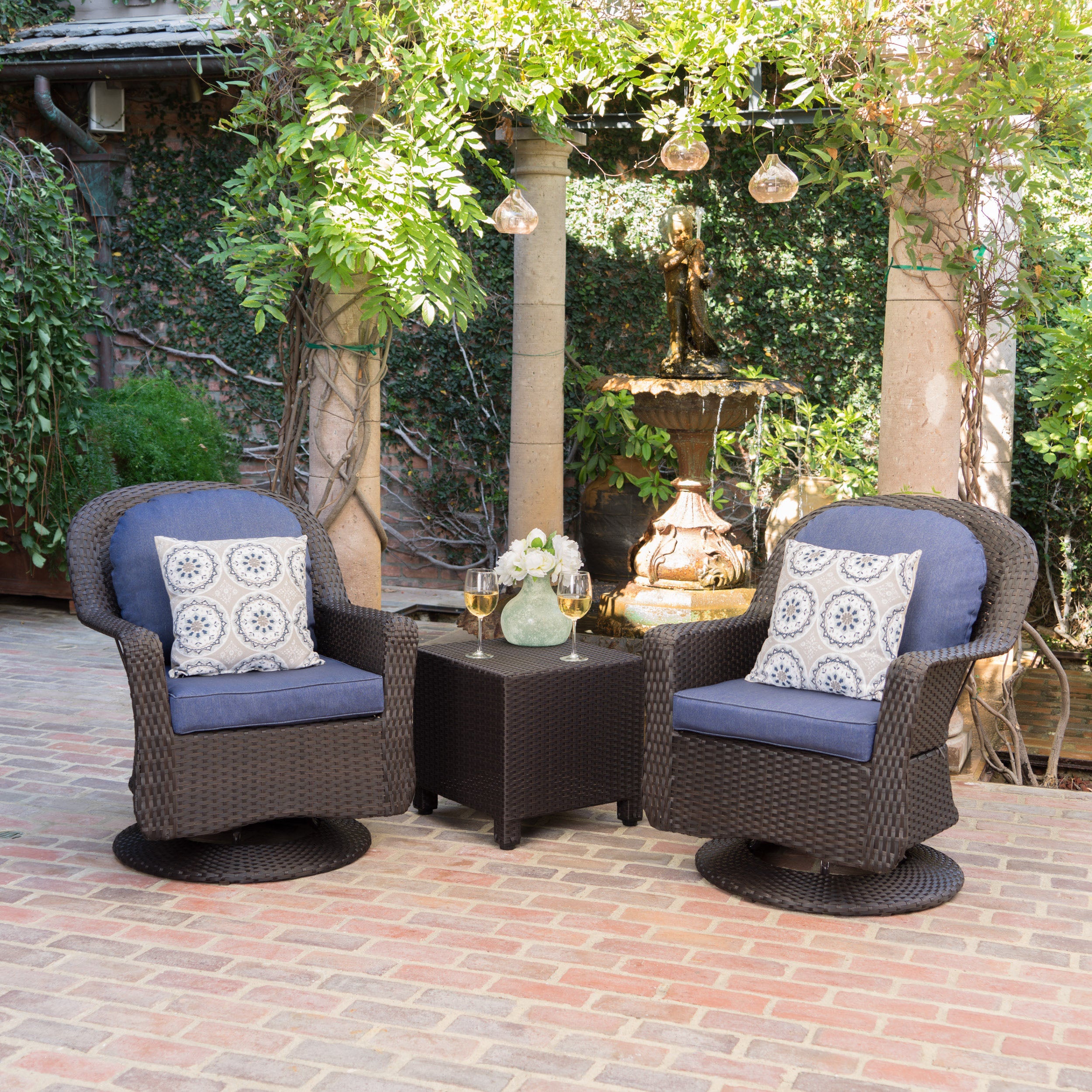 Linsten Outdoor Wicker Swivel Club Chairs and Side Table Chat Set