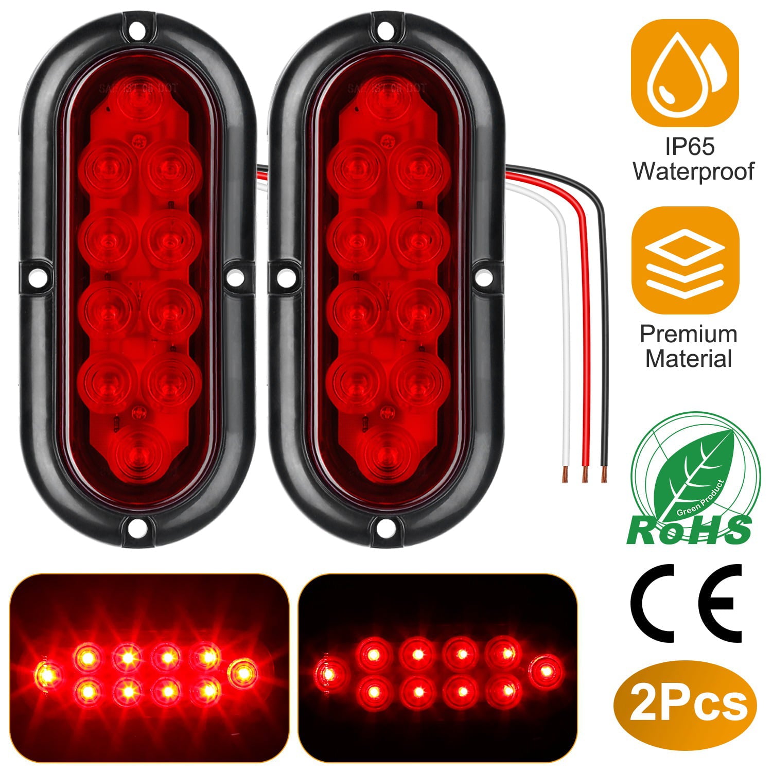 iMounTEK 2Pcs Oval LED Brake Stop IP65 Waterproof Oval Red Trailer Tail Light