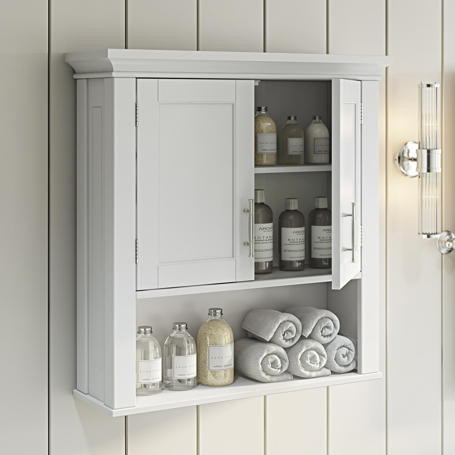 RiverRidge Home Somerset Collection 2-Door Bathroom Storage Wall Cabinet with 1 Open Shelf and 2 Interior Shelves， White