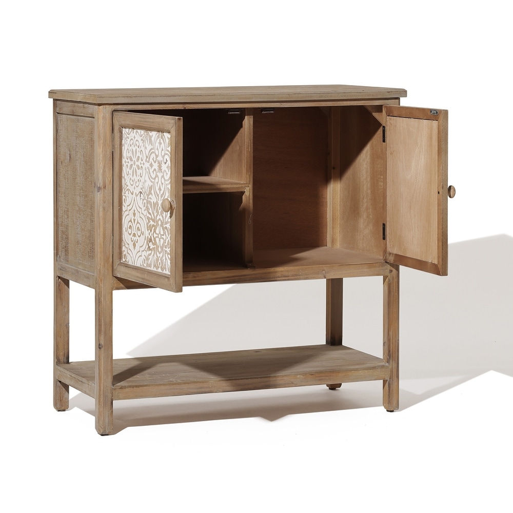 Rustic Natural Wood 2 Door Floral Storage Cabinet