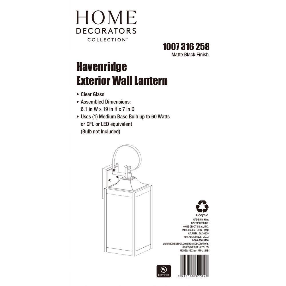 Home Decorators Collection Havenridge 1-Light Matte Black Hardwired Outdoor Wall Lantern Sconce with Clear Glass (1-Pack) KSZ1601AM-01MB