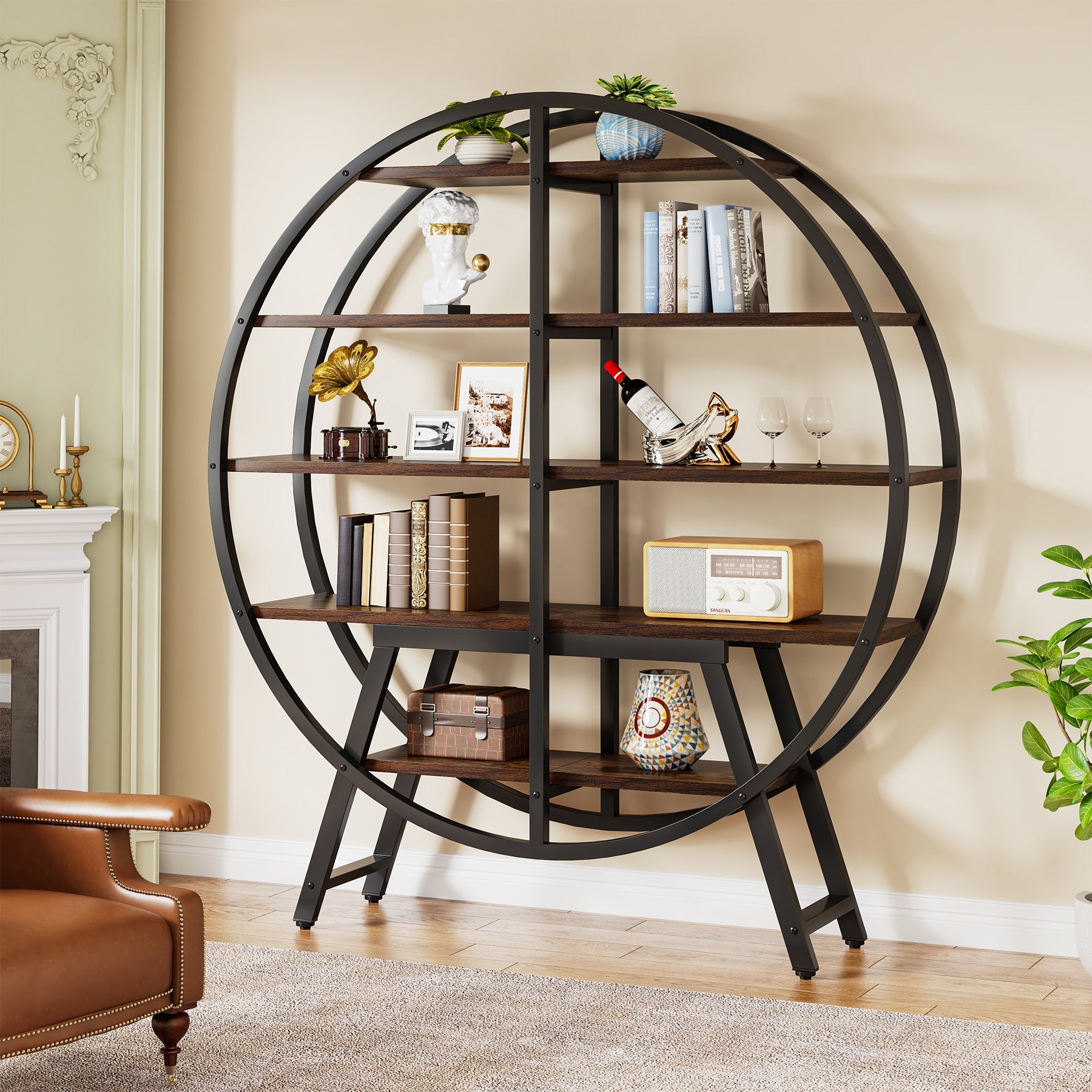 67 Industrial Bookshelf, 5-Tier Round Etagere Bookcase Display Shelf