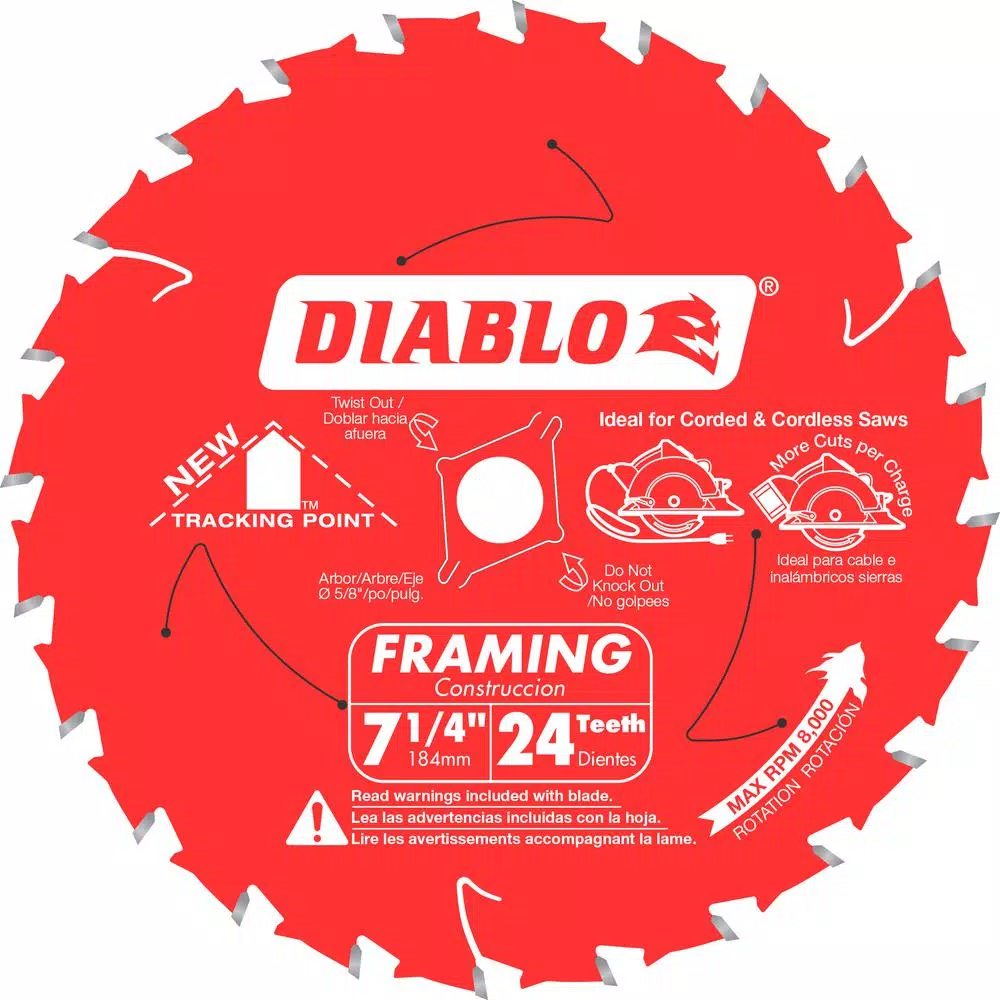 DIABLO 7-1/4 in. x 24-Teeth Tracking Point Framing Saw Blade and#8211; XDC Depot