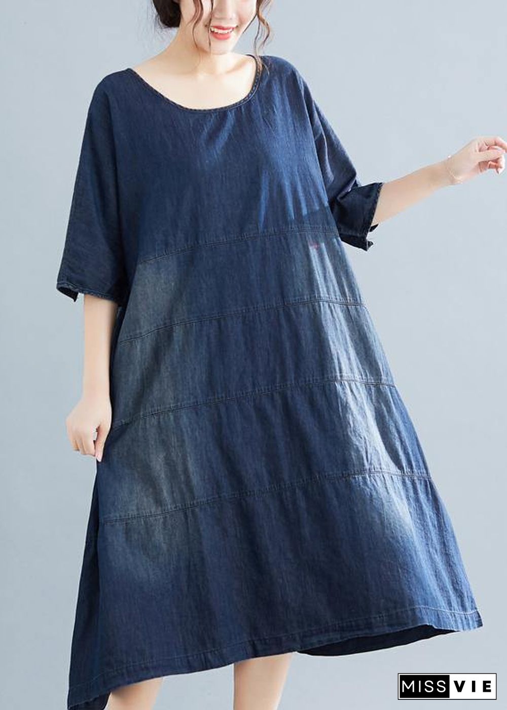 Natural denim blue Cotton outfit 18th Century Catwalk o neck Midi Summer Dresses