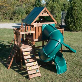 Swing-N-Slide Playsets Tellico Terrace Ready-To-Assemble Wooden Outdoor Playset with 2 slides Rock Wall Tarp Roof and Swing Set Accessories WS 8359