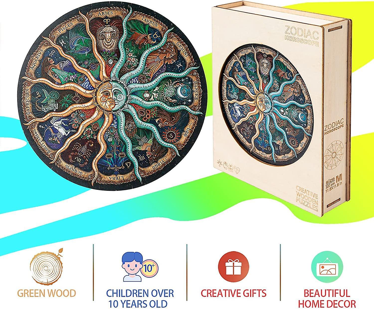 Wooden Jigsaw Puzzles- Round Zodiac Horoscope Unique Shape Wood Puzzle For Adults Kids， Best Gift For Christmas Family Game Play Collection