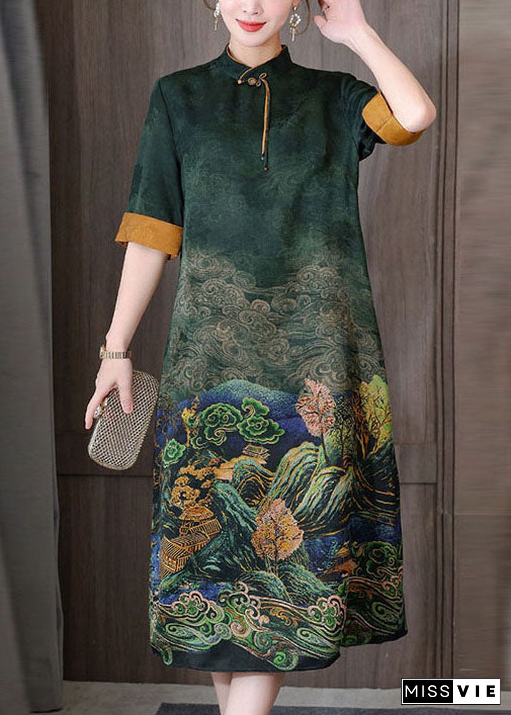 Green Print Silk Long Dress Mandarin Collar Zippered Short Sleeve