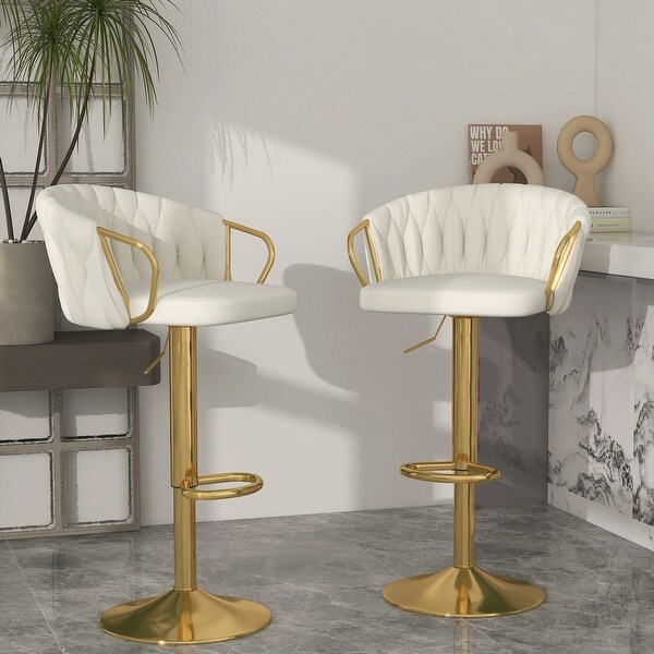 Set of 2 Bar Stool Adjustable Height Swivel Velvet Woven