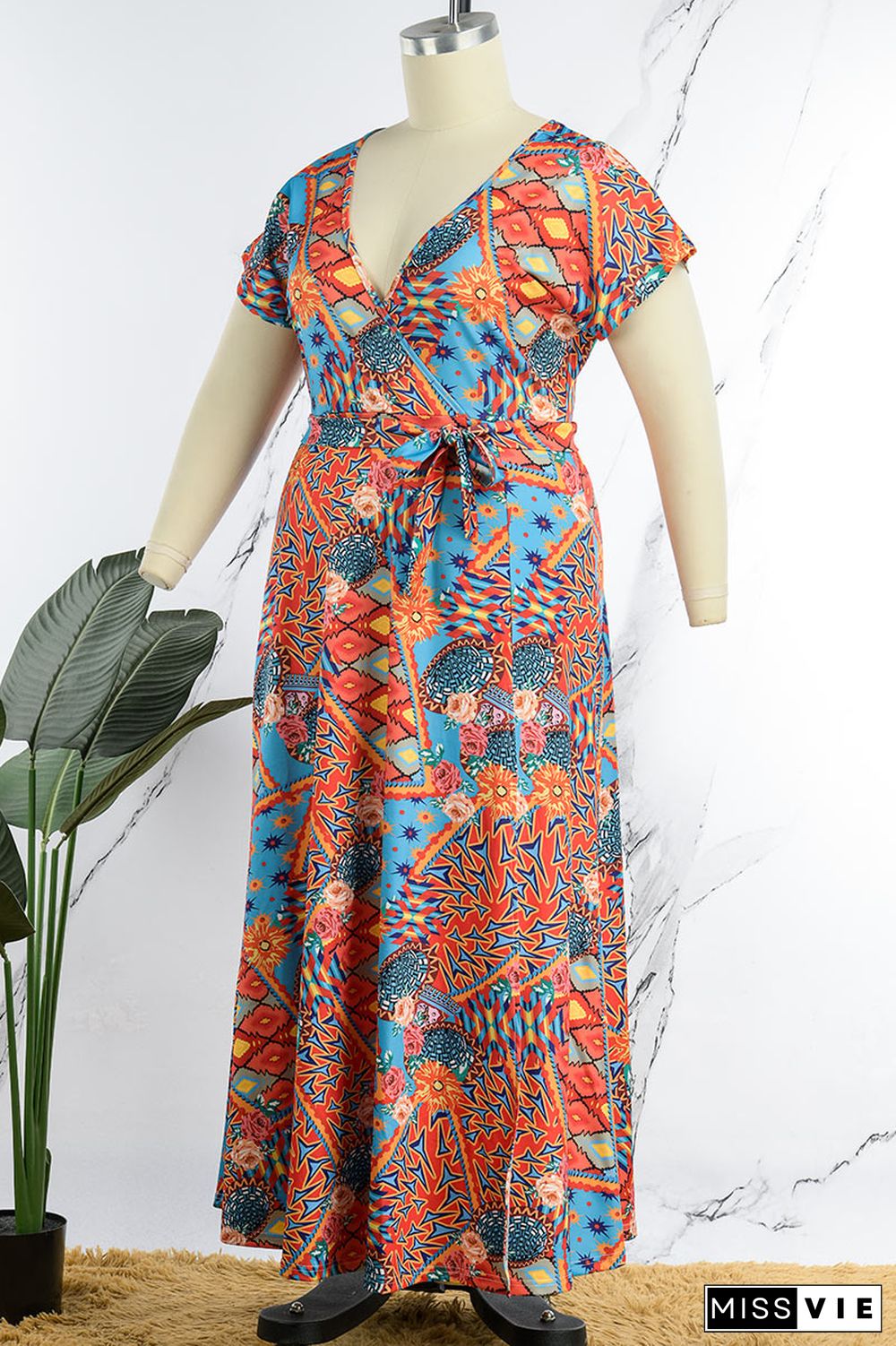 Multicolor Casual Print Slit V Neck Short Sleeve Dress Plus Size Dresses