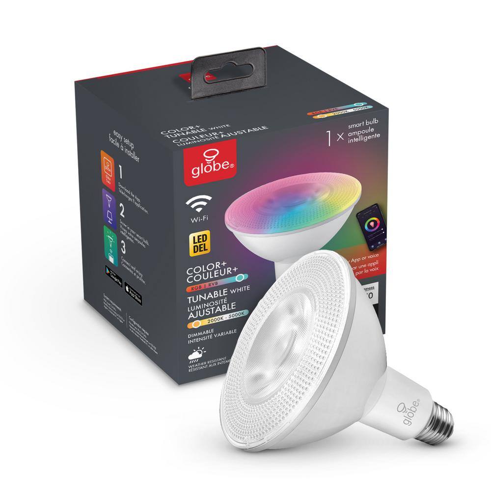 Globe Electric 90-Watt Equivalent PAR38 E26 Base Wi-Fi Smart LED Light Bulb Color Changing RGB Tunable White 50043