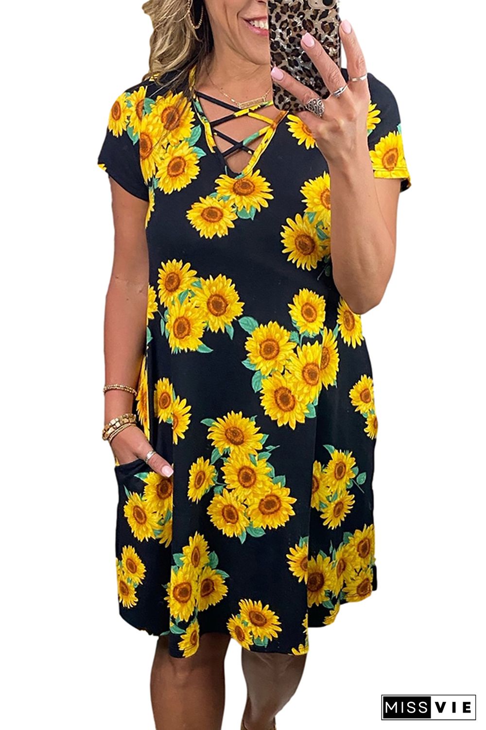 Sunflower Print Criss-cross V-neck Midi Dress