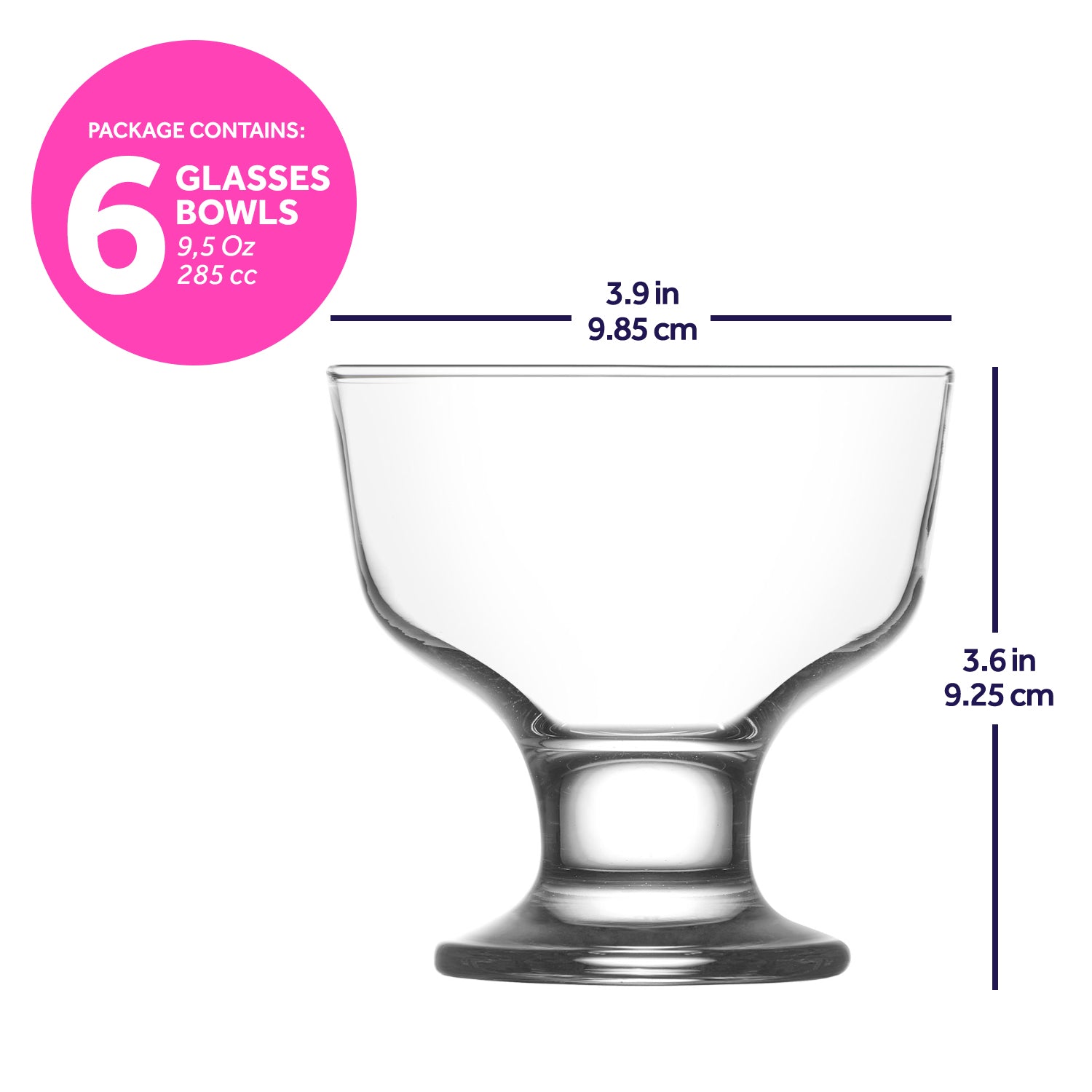 LAV Ice Cream Bowls Set of 6 - Clear Glass Footed Serving Bowls 9.5 oz