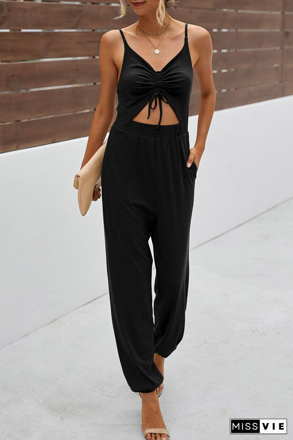 Fashion Casual Solid Draw String V Neck Loose Jumpsuits