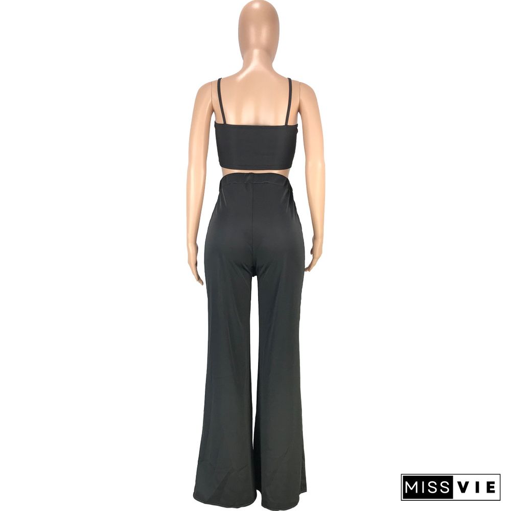 Sexy Solid Color Spaghetti Straps Bandage Wrap Chest Crop Top Loose Long Pants Two Piece Set