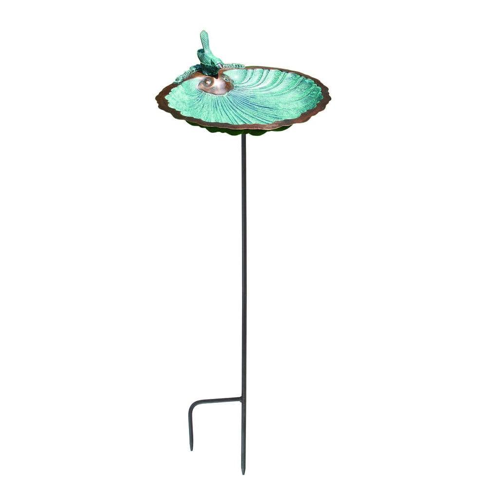 Achla Designs 11 in. Tall Antique Brass Plated Scallop Shell Birdbath and Feeder with Stake BBM-01-S