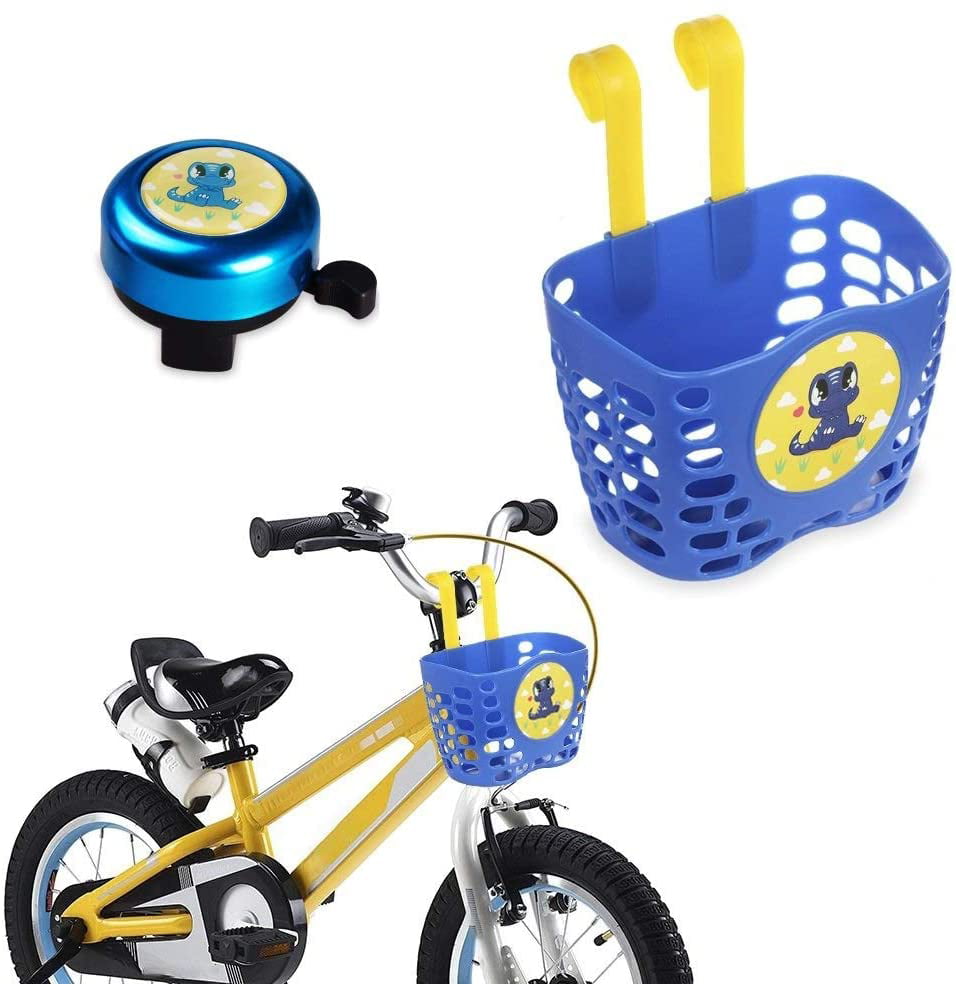 MINI-FACTORY Kid's Bike Basket and Bell 2pcs Play Set for Boys， Cute Cartoon Fire Truck/Dinosaur Pattern Bicycle Handlebar Basket Plus Safe Cycling Ring Horn