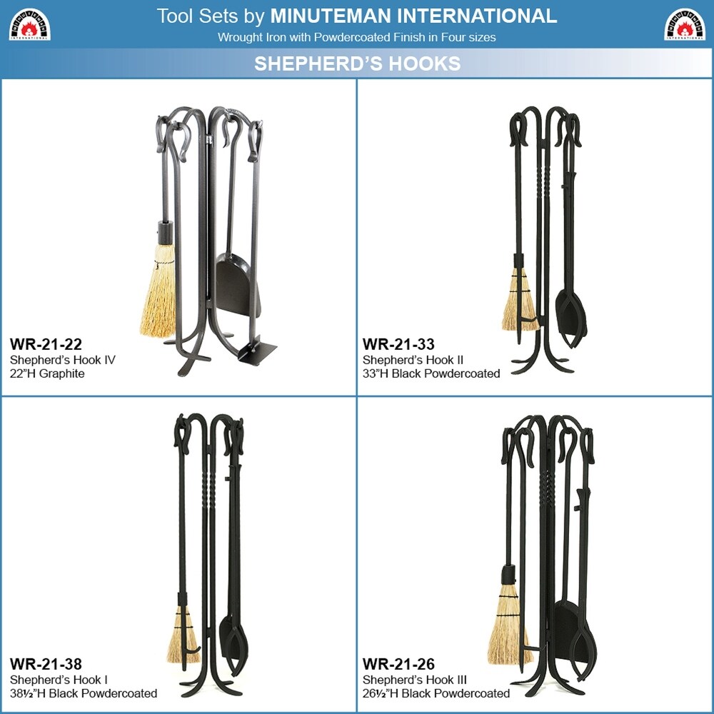 Minuteman International Shepherd's Hook Mini Fireplace Set of 4 Tools  22 Inch Tall  Graphite Finish