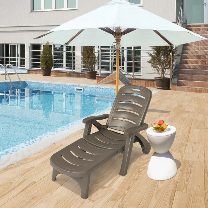 Rolling Folding Plastic Pool Lounge Chair with Armrests, 5-Position Outdoor Sun Lounger Patio Deck Chair Beach Chair