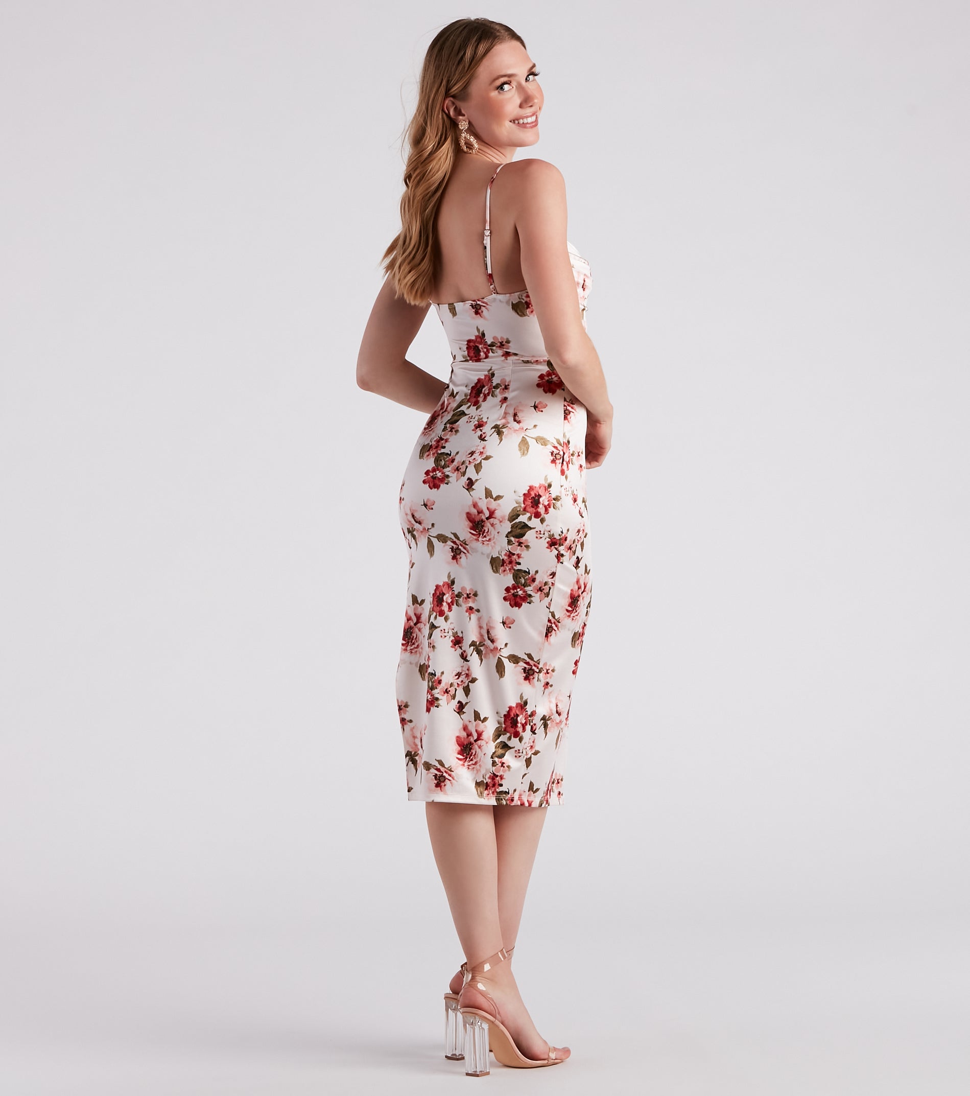 Framed In Floral Satin Midi Dress