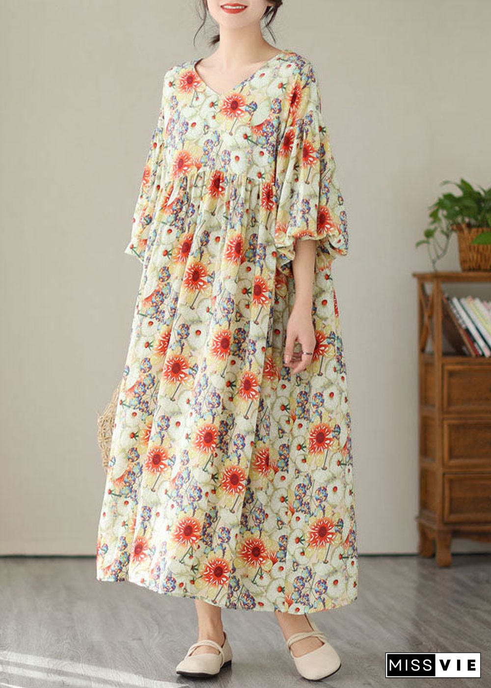 Fine Floral V Neck Wrinkled Patchwork Cotton Long Dresses Summer