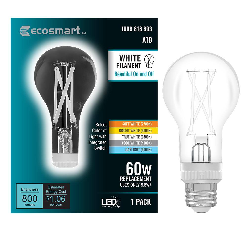 EcoSmart 60-Watt Equivalent A19 Dimmable White Filament CEC Clear Glass LED Light Bulb Adjustable White (1-Bulb) A19605CCTCAWFILECP