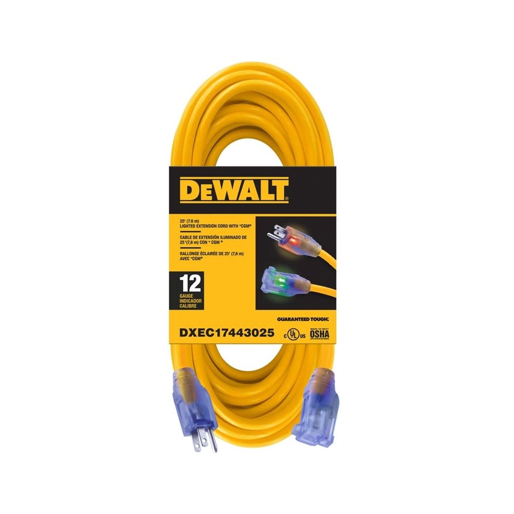 DW Extension Cord Yellow Lighted 25' 12/3 SJTW DXEC17443025 from DW