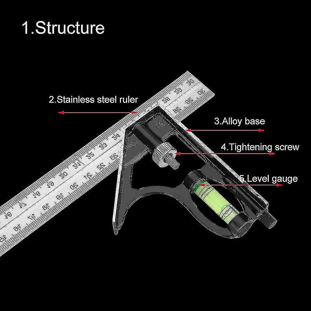 Combination Square Combination Angle Ruler 300mm 12inch Stainless Steel Zinc Alloy Right Angle Adjustable Ruler Professional Measuring  With Clear