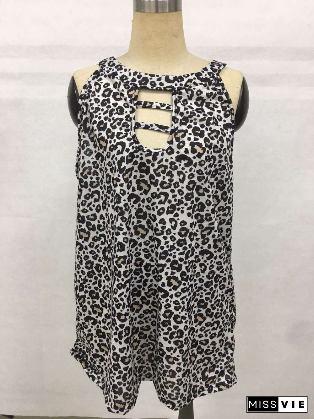 White Leopard Hollow Out Neck Tank Top