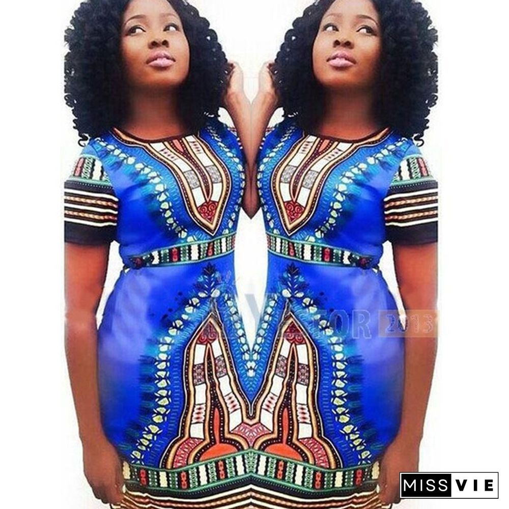 Summer Sexy Womens Traditional African Printed Dashiki Bodycon Short Sleeve Slim Dress