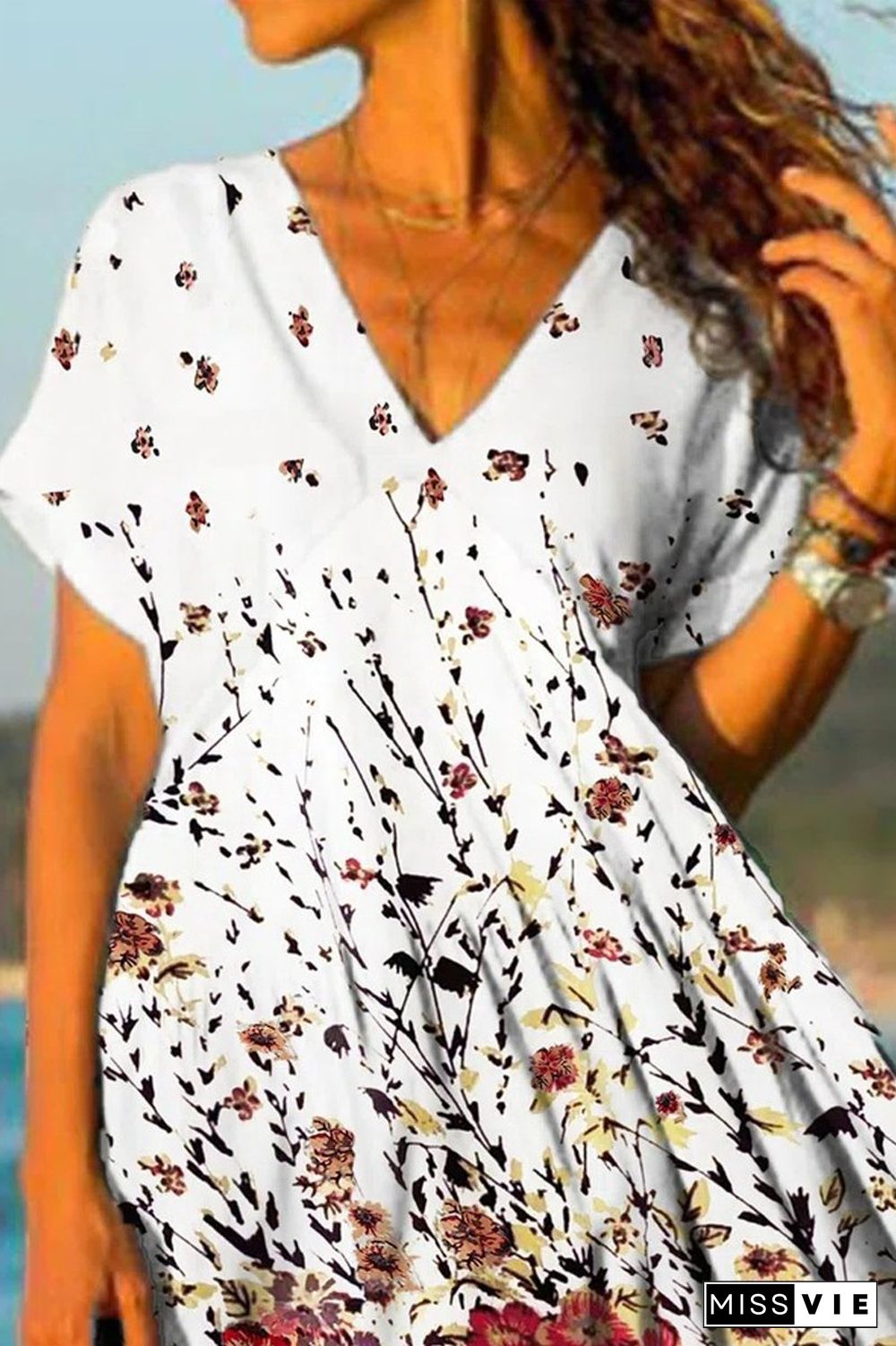 V-Neck Floral Print Short Sleeve Dress