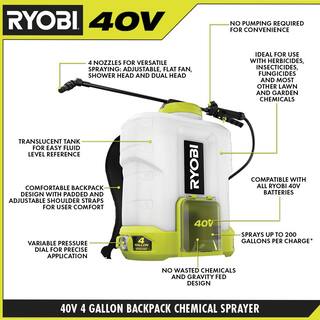 RYOBI 40V Cordless Battery Attachment Capable String Trimmer  4 Gal. Backpack Chemical Sprayer w 4.0 Ah Battery  Charger RY40250-SPR