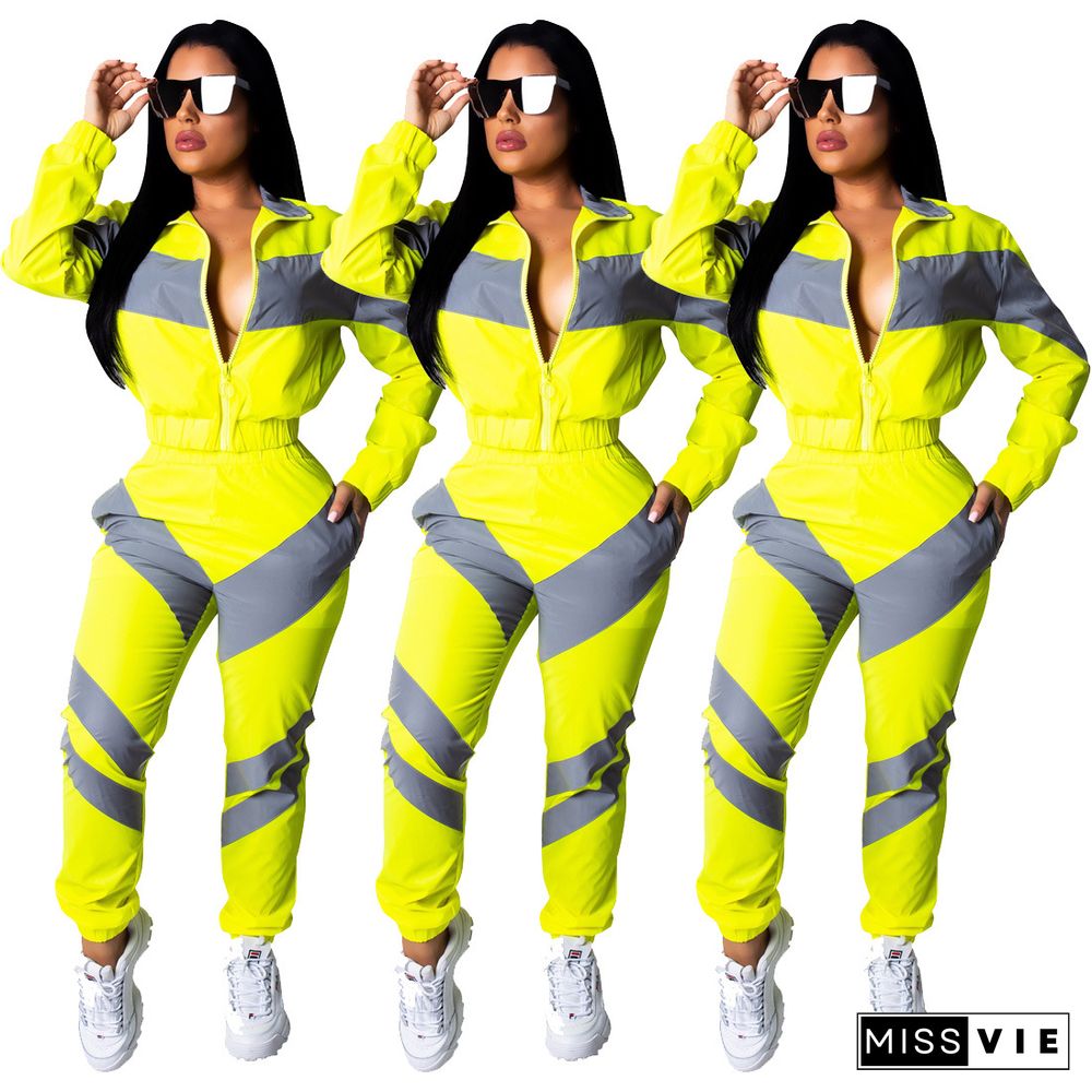 Leisure Patchwork Zipper Pants Set 2 Pieces